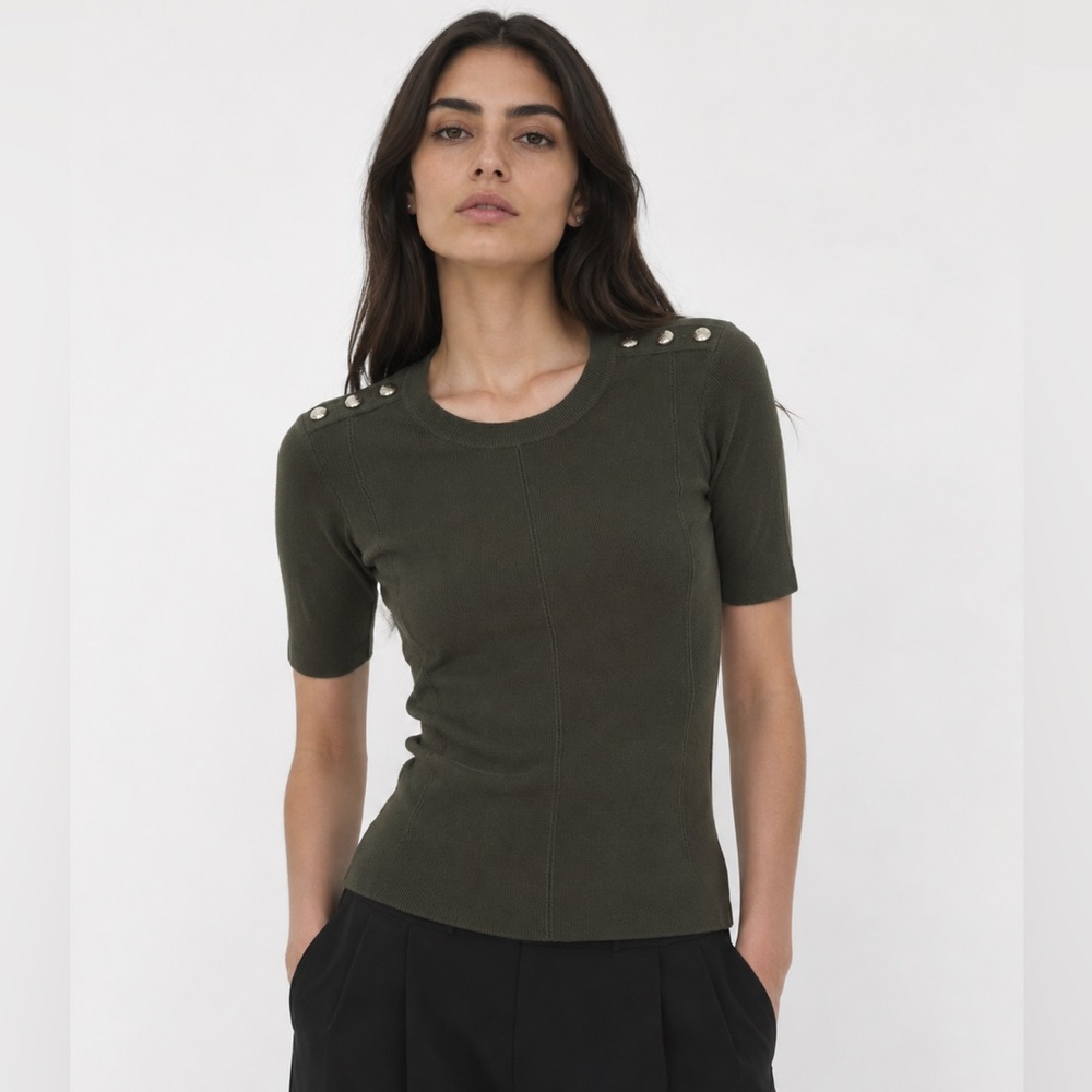 WHBM Dark Green Olive Short-Sleeve Ribbed Knit Top with Shoulder Buttons Small